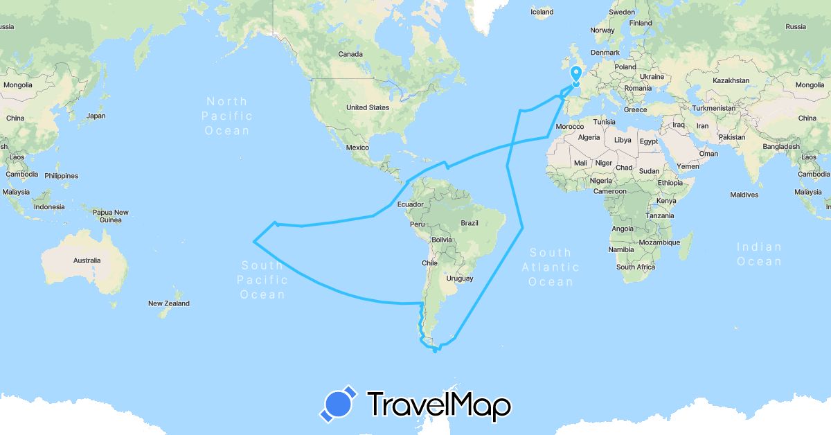 TravelMap itinerary: driving, boat in Argentina, Chile, Dominica, Spain, Falkland Islands, France, Panama, Portugal (Europe, North America, South America)